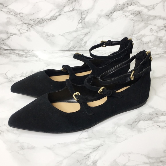 Crown Vintage Shoes - Crown Vintage Black Suede Pointy Toe Buckle Flats